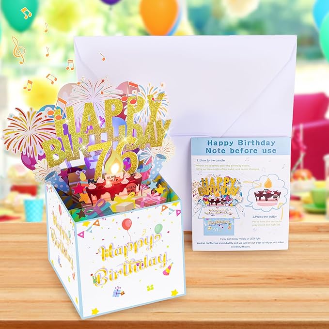 Tnvee 76TH Birthday Cards with Lights & Music & Candle, 3D Large Pop Up Happy Birthday Cards for Women Man Greeting Cards Decorations for 76 Years Old Mom Dad Grandparents
