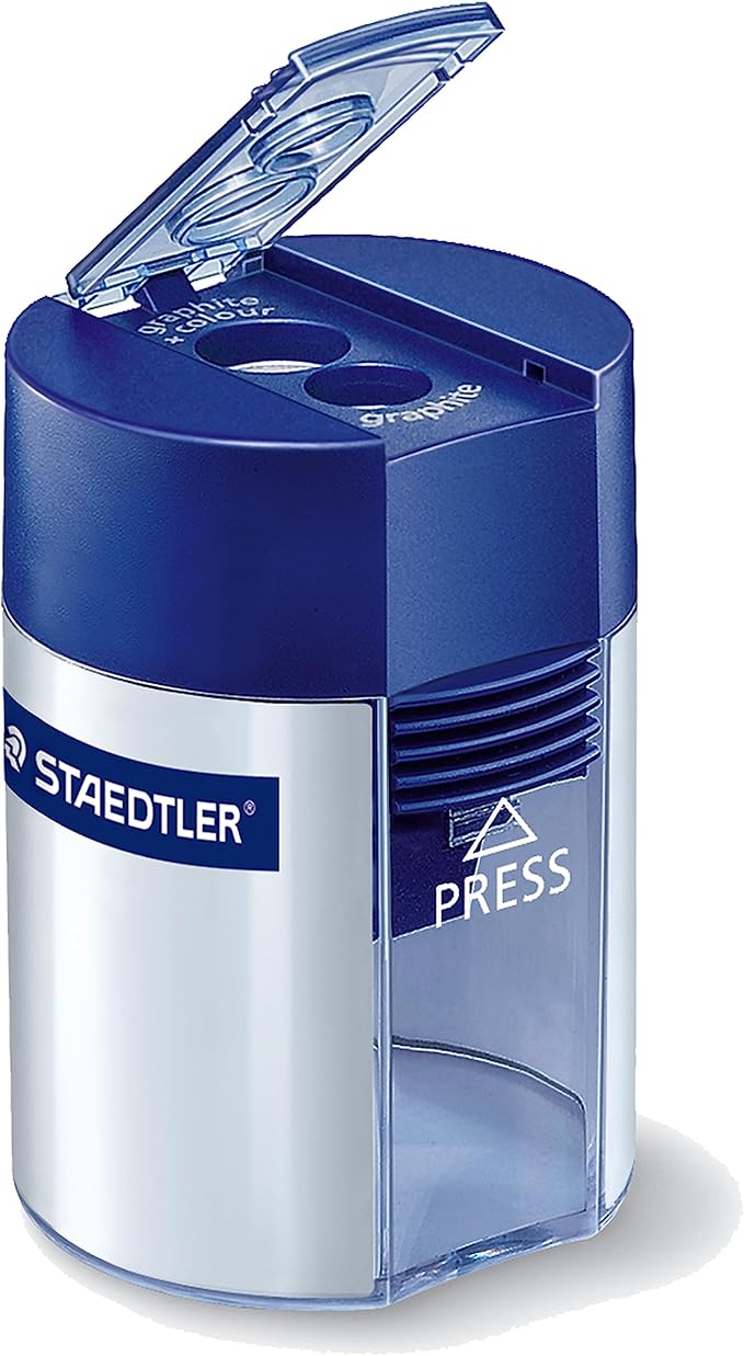 STAEDTLER Mars Lumograph Art Drawing Pencils (Graphite, 12 Pack in Metal Case) with Double Hole Pencil Sharpener