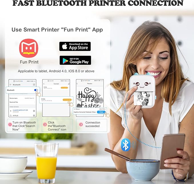 Mini Sticker Printer, Inkless Thermal Printer with 10 Rolls Paper, Portable Bluetooth Pocket Printers for Photo Journal Notes Memo, Compatible with Phone Android or iOS