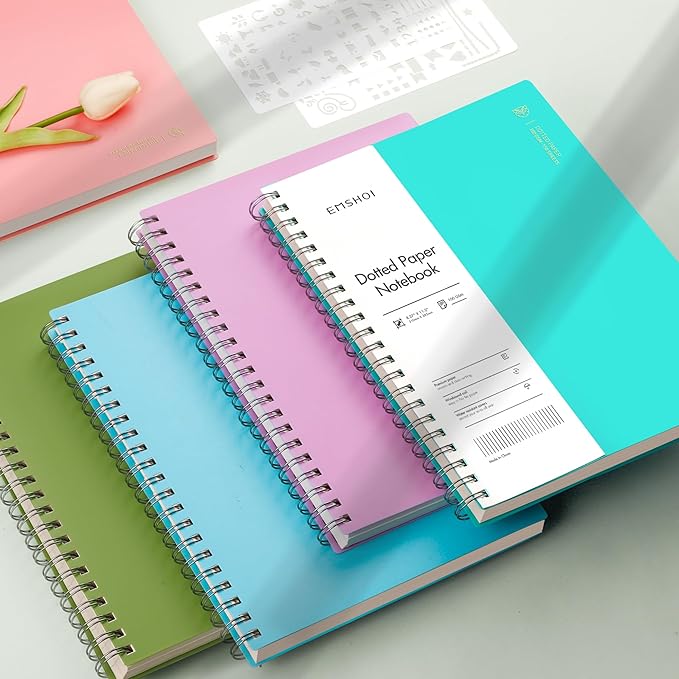 EMSHOI A4 Spiral Notebook Bullet Dotted Journal, 11.2" X 8.27", 300 Pages/150 Sheets, 100gsm Dot Grid Paper, Waterproof Softcover, Twin-Wire Binding, for School Work Writing Note Taking-Pink