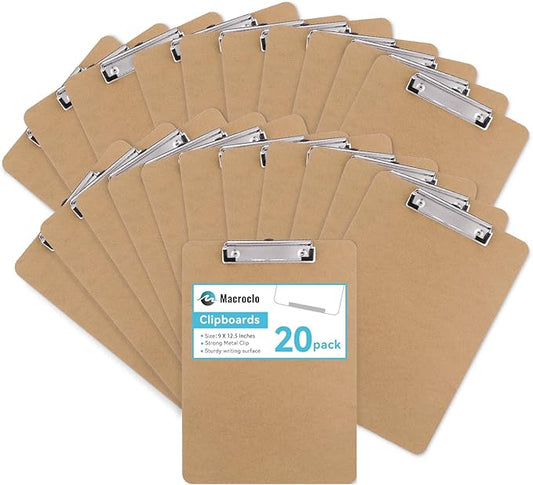 Wood Clipboards Set of 20, Letter Size Hardboard Clip Board 8.5x11 for Classroom, Students, Kid, A4 Standard Clipboard Size 9" x 12.5" with Low Profile Clip, Office Supply, School Supply.