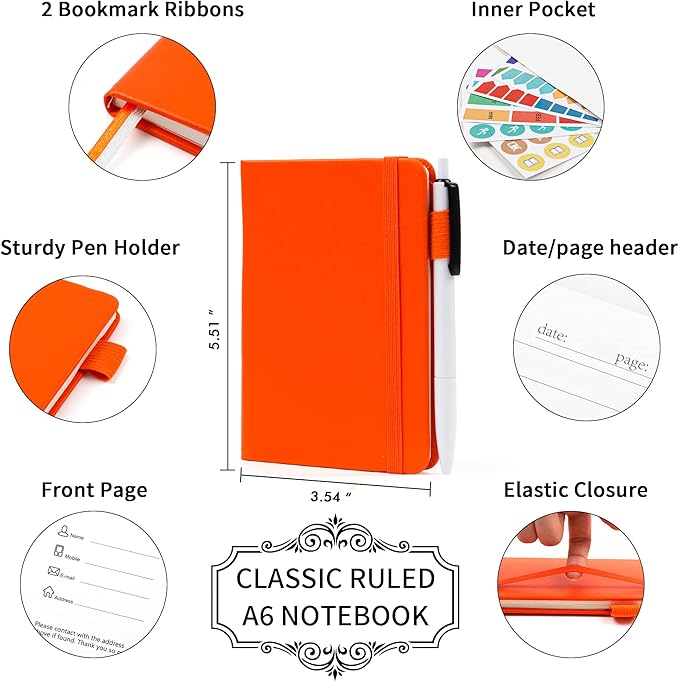 feela 15 Pack Pocket Small Notebooks Bulk, Mini Cute Notepads Hardcover College Ruled Lined Journals with Pen Holder for School Business Memos, with 15 Black Pens, 3.5”x 5.5”, A6, Orange