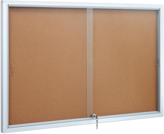 SWANCROWN Enclosed Locking Bulletin Board Cork Message Board with Sliding Glass Doors,for Indoor Use,48"x31.5"