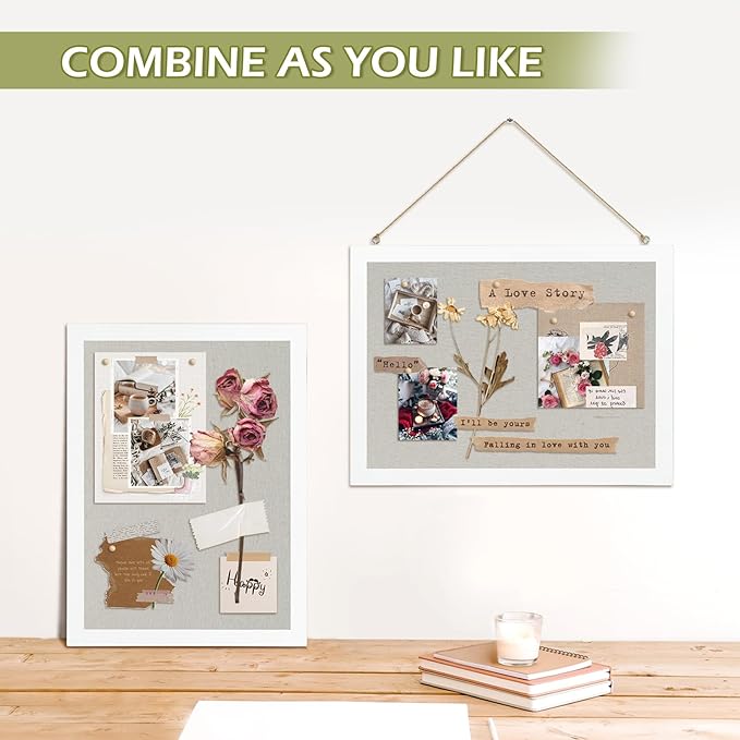 2-Pack Double-Sided Cork Board with Linen, 16" x 12" Hanging Wood Framed Bulletin Board, Picture Display Vision Board Kit Corkboards for Wall School Office Decor, 20 Pushpins (Vintage White)