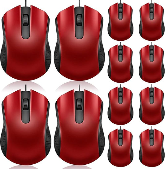 Hoteam 12 Pcs Wired Computer Mouse Bulk Cord USB Computer Mice Ergonomic Wired Mouse for Pcs, Computers, Laptops, Gaming Office Home Supplies (Red)
