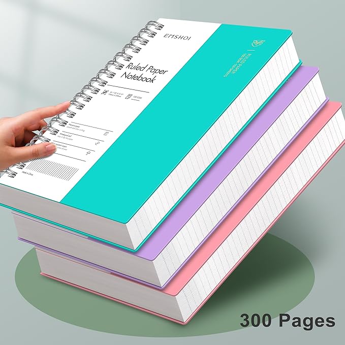 EMSHOI B5 Spiral Notebook College Ruled Lined Journal, Large 7.48" X 10.15", 300 Pages/150 Sheets, 100gsm Thick Paper, Waterproof Hardcover, for Office School Women Men Work Writing Notes-LightBlue