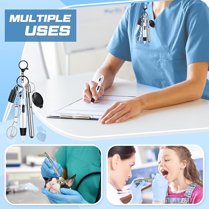 6 Pcs Nurse Pen Set Include Permanent Marker Pen Retractable Ballpoint Pen Keychain Clip Foldable Scissors Lights LED Flashlight Keychain for Nurse Accessories(Silver)