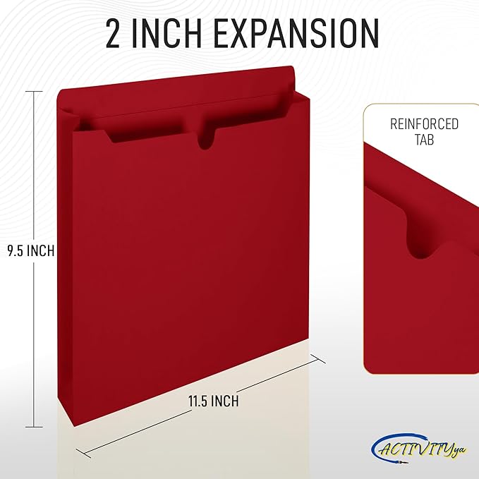 Red File Jackets, 2 Inch Expansion, Letter Size, Reinforced Straight-Cut Tab, 6 Pack