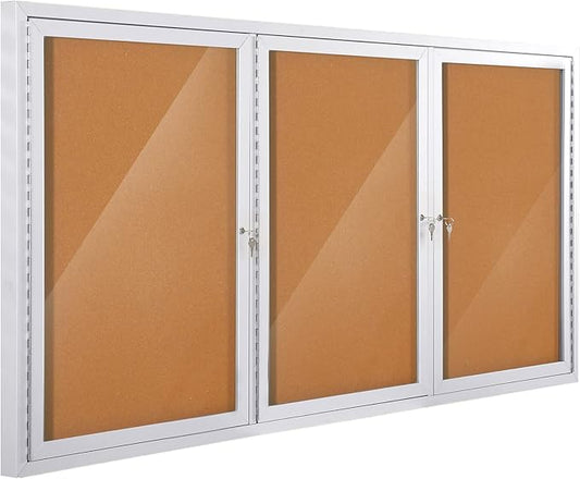 SWANCROWN Weather Resistant Enclosed Bulletin Board Cork Displays Case Wall Mounted Notice Cabinet with Three Lockable Doors, 70x36 inches