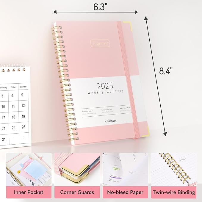 Forvencer 2025 Planner, Hardcover Weekly and Monthly Planner, January 2025 - December 2025, 6" x 8", Spiral Calendar Planner with Tabs, Exquisite Daily Organizer Notebook with Inner Pocket, Agenda Journal for Office Home School, A5 Size, Purple