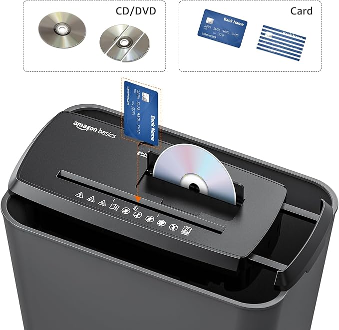 Amazon Basics 8-Sheet Strip Cut Paper, CD, and Credit Card Shredder, Compact, No Basket, Portable with Extendable Arm, Black