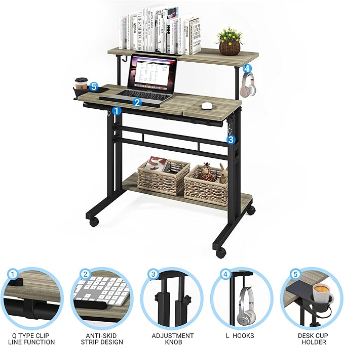 Panta Mobile Standing Desk, Adjustable Rolling Computer Desk with 3 Desktops, Portable Laptop Table with Desk Cup Holder, Home Office Laptop Workstation on Lockable Wheels,Grey Oak