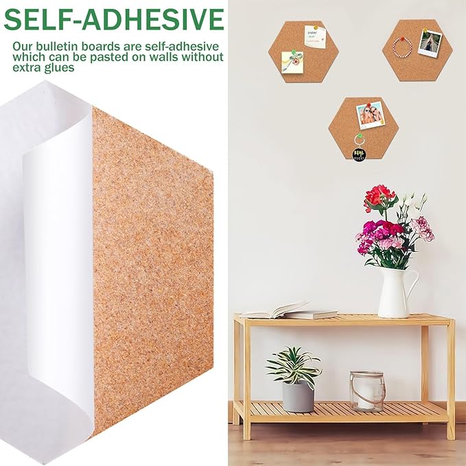 FEBSNOW 10 Pack Self-Adhesive Cork Board Tiles Hexagonal Cork Board Mini Wall Bulletin Board with 50 Multi-Color Push Pins