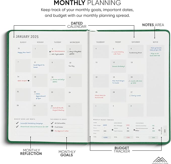 PRODUCTIVITY STORE Pro - Dated, 2025 Planner, 5.8” x 8.3” - The #1 Productivity Planner to Achieve Your 2025 Goals - Planner 2025-2026 - Green - A5