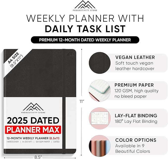 PRODUCTIVITY STORE Pro Max - Dated, 2025 Planner, 8.5" x 11" - The #1 Productivity Planner to Achieve Your 2025 Goals - Planner 2025-2026 - Black - A4