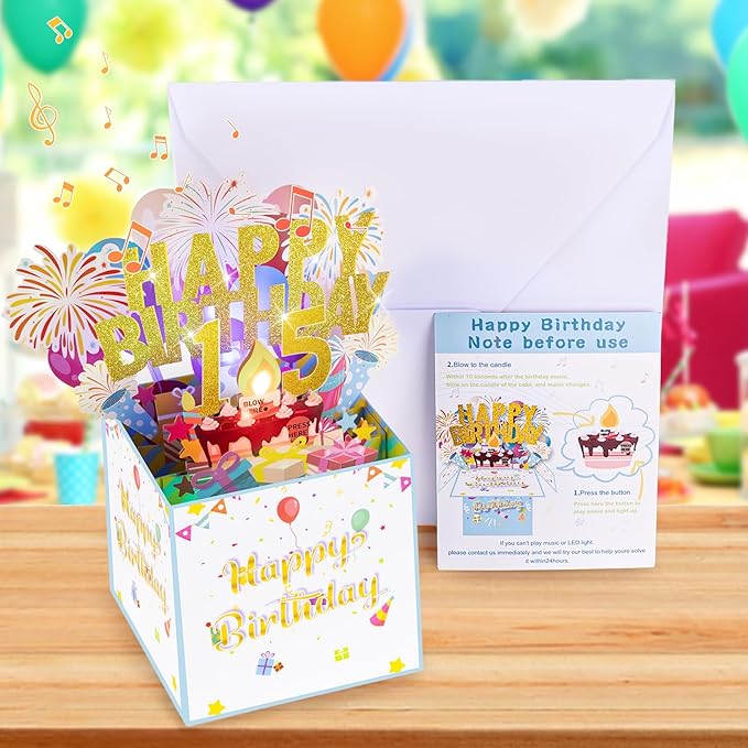 Tnvee 15TH Birthday Cards with Lights & Music & Candle, 3D Pop Up Singing Happy Birthday Greeting Cards Gfits for 15 Years Old Girl Boy Son Daughter