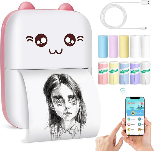 Mini Pocket Printers, Portable Thermal Printer, Sticker Printer with 10 Rolls Paper, Mini Printer for Study Note,Journal, Memo, Label Printer Compatible with Android & iOS