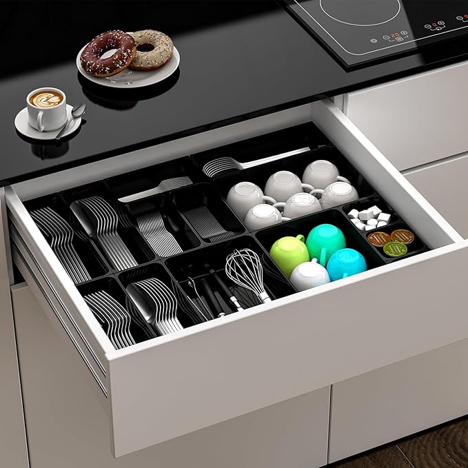 60 Pcs Plastic Drawer Organizer Set,5 Size Small Storage Containers for Organizing Jewelry,Utensil,Junk,Tea,Makeup,Shallow Drawer Organizers Tray Suitable for Office,Desk,Bathroom,Vanity,Kitchen,Black