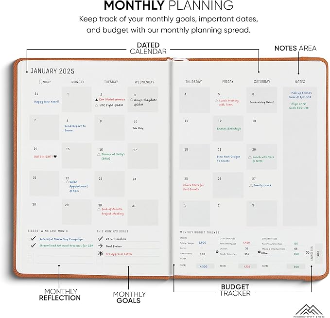 PRODUCTIVITY STORE Pro - Dated, 2025 Planner, 5.8” x 8.3” - The #1 Productivity Planner to Achieve Your 2025 Goals - Planner 2025-2026 - Brown - A5