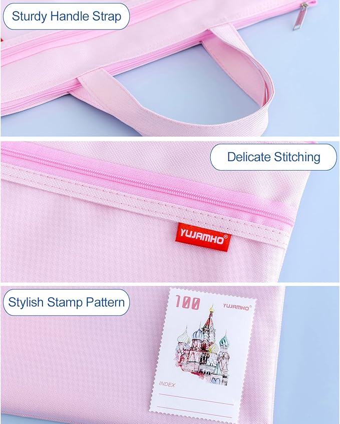 pendancy Mesh Zipper Pouch 11x13.7 in, Large Double Pocket Waterproof File Bag with Handle, A4 Size Foldable Document Storage for Puzzle Project/Cross Stitch/Travel/Office（Pink）