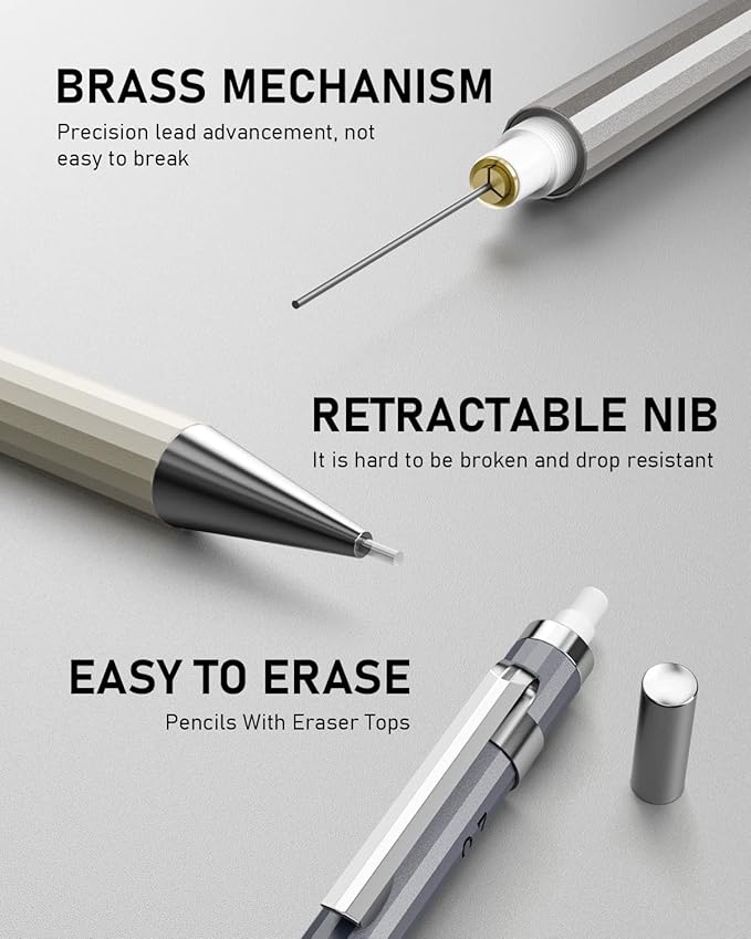 Nicpro 37PCS Metal Mechanical Pencil Set, 8PCS Drafting Pencil 0.5, 0.7, 0.9 mm & 2mm Lead Pencil Holder For Sketching Drawing With 20 Tube (6B 4B 2B HB 2H 4H Colors) Lead Refill Eraser -With Case
