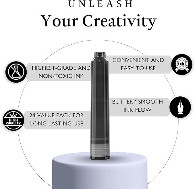 Vibrant Fountain Pen Ink Refills - 24 Pack Vibrant 6 Colors International Standard Size Cartridges - Premium Quality & Non-Toxic - Long-Lasting Ink