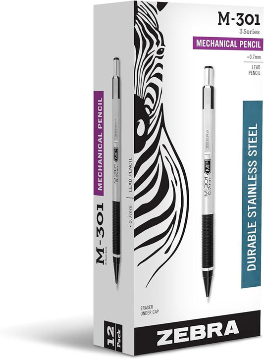 Zebra Pen M-301 Mechanical Pencil, Stainless Steel Barrel, Medium Point, 0.7mm, Black Grip, 12-Pack