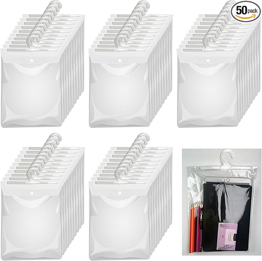 Hanging Storage Bags with Hanger,13" X11" Large Hook Hang-Up Clear Plastic Bags,Book Pouch School Supply Kit Classroom Organization for Classroom Library School Supplies Home Pharmacy Use (50)