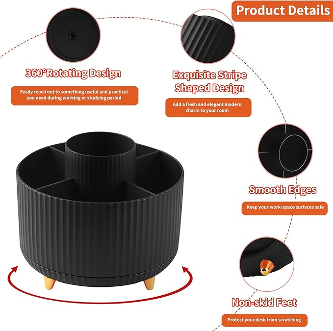 Desk Pen Holder, 5 Slot 360 Rotating Pen Organizer for Desk, Desktop Storage Stationery Supplies Organizer, Cute Pencil Cup Pot for Office, School, Home, Art Supply, Black