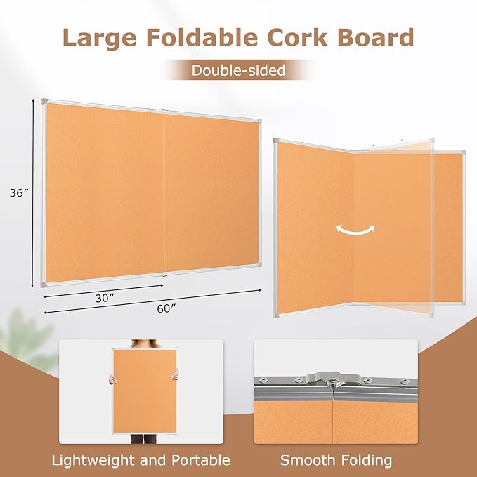 DOLLAR BOSS Foldable Cork Board, 60 x 36 Inch Corkboard, Extra Large Bulletin Board, Portable Double sided Aluminum Frame Wall Mounted Pin Board for Office School Supplies Dorm Decor with 20 Push Pins