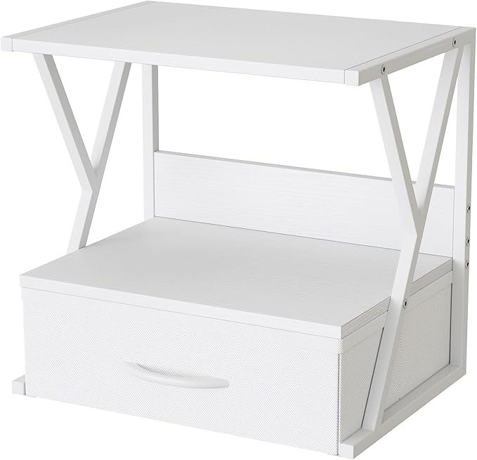 aboxoo Printer Stand for Desk with Storage Drawer, 2 Tier Desktop Or Under Desk Shelf, Multi-Purpose Desk Organizer for Home Office, fit Fax Machine/3D Printer/Scanner, White