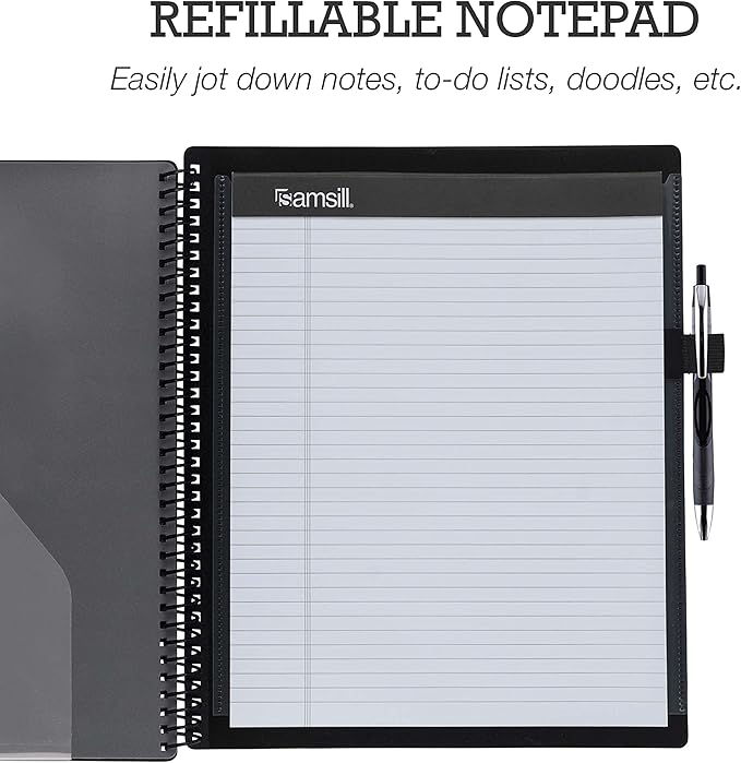 Samsill 10 Pocket Poly Organizer with 5 Dividers, File Folders Letter Size, Refillable Notepad, Customizable Front Cover, Erasable Write-On Tabs, Pen Loop, Plastic Folders with Pockets, Gray