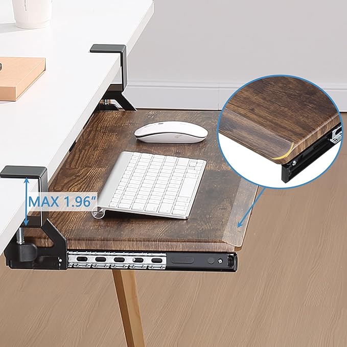 ETHU Keyboard Tray Under Desk, 26.77" X 11.81" Large Size Keyboard Tray with C Clamp-on Mount Easy to Install, Computer Keyboard Stand, Ergonomic Keyboard Tray for Home and Office (Wood)