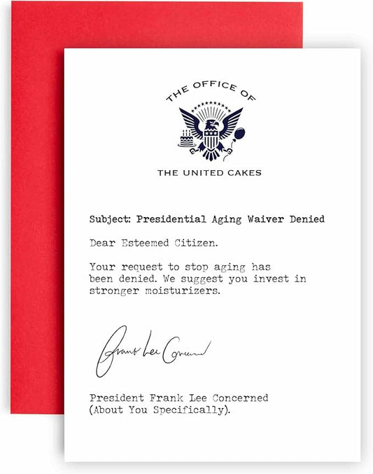 Huxters Funny Birthday Card for her women and Him MenStop Aging request Letter - Fun Joke Greeting Card for Dad Brother Uncle Mom Sister Auntie - - 17 by 12cm (Aging Waiver Denied)