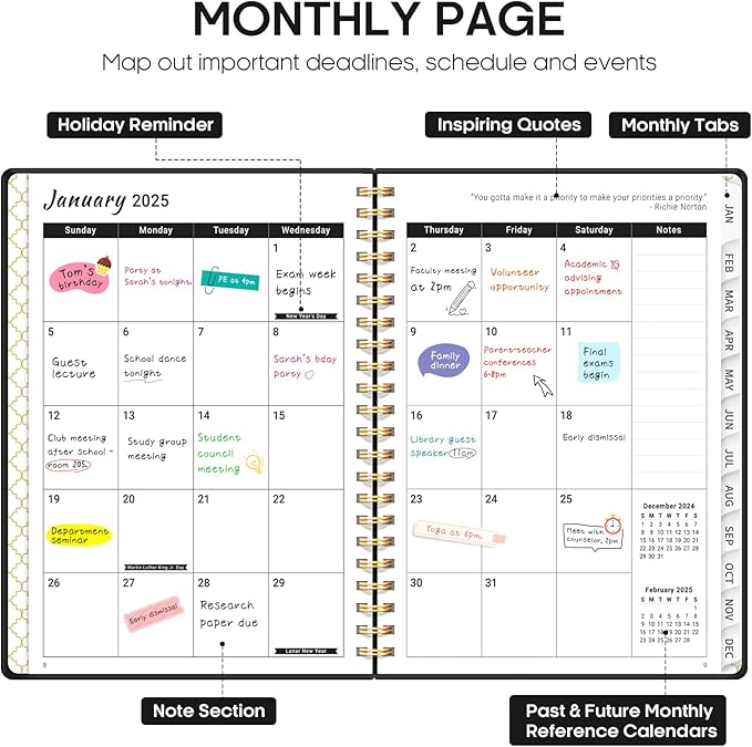 2025 Planner - Weekly and Monthly Planner Spiral Bound, January 2025 - December 2025, Hardcover 2025 Calendar Planner Book with Tabs, Inner Pocket, Perfect for Office Home School Supplies - A5 (6.3" x 8.5"), Black