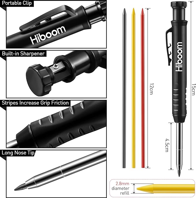 Hiboom 5 Pcs Mechanical Carpenter Pencil, 30 Pcs Refills Needle Nose Tip Hole Marker with Built in Sharpener, Scribe Making Tools for Woodworking, Design Patent (Yellow, Red, Green, Blue, Black)