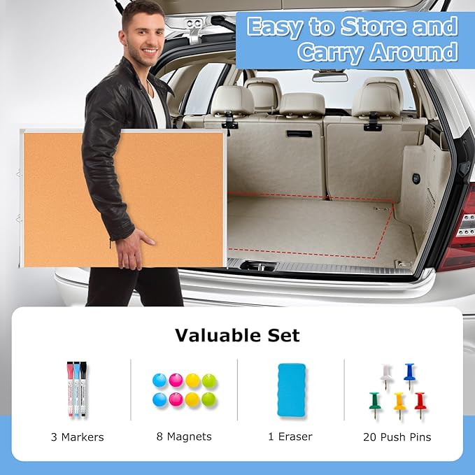 DOLLAR BOSS Foldable Cork Board White Board Combo 60 x 40 Inch Extra Large Magnetic Whiteboard Dry Erase Bulletin Board Portable Double Sided Aluminum Frame Pin Board for School Office with Markers