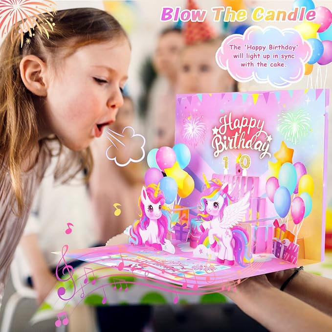 Pop Up Birthday Card with Light & Music, Unicorn 3D Birthday Card, Fireworks Greeting Card for Women Kids Girls Daughter, 3D Cake Greeting Crad with Necklace