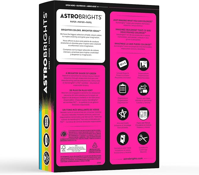 Neenah Astrobrights® Bright Color Paper, Letter Size Paper, 24 lb, Assorted Colors, 500 Sheets