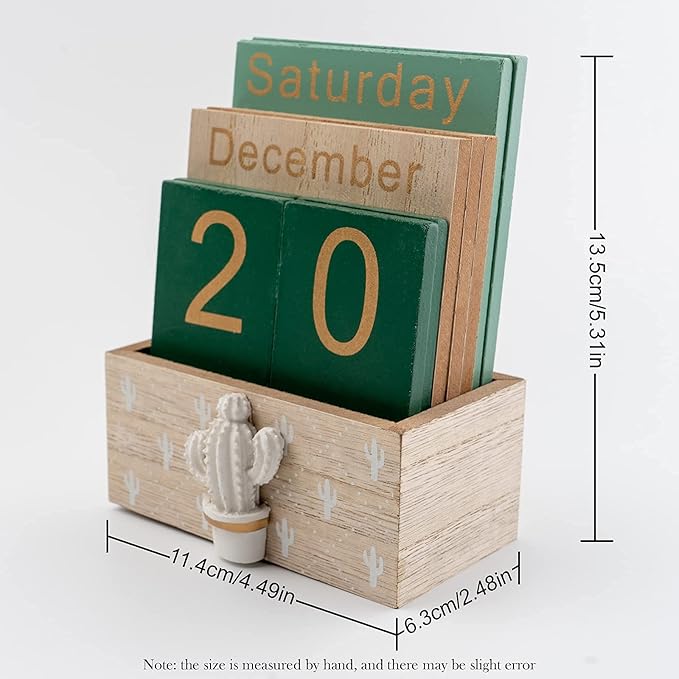 Notakia Perpetual Calendar, Wooden Calendar for Home Office Desk Accessories Vintage Wood Block Calendar(Green)
