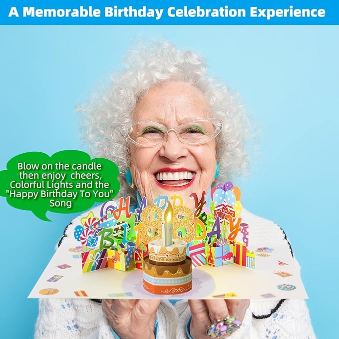 Gumry 88TH Musical Birthday PopUp Card, Blowable Colorful Light Candle 3D Cards with Song, Applause Cheers Sound, Greeting Cards Birthday Gifts Decorations for Women Men Turning 88 Years Old