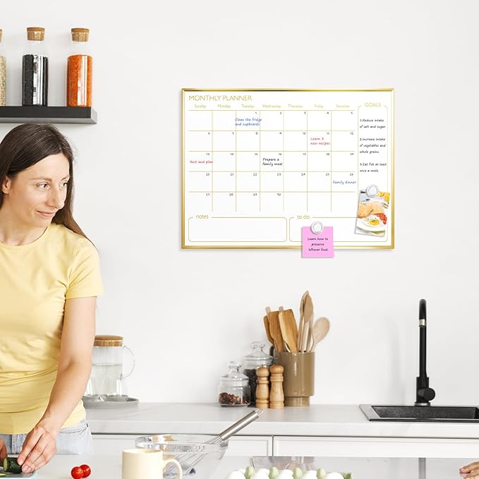 Magnetic Dry Erase Calendar Board for Wall - 24'' x 18'' Monthly Calendar Whiteboard - Gold Aluminum Frame