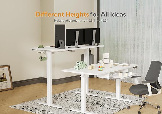 Standing Desk with Keyboard Tray, Electric Standing Desk Adjustable Height, 55x24 Inches Sit Stand up Desk with Splice Board, Raising Desk for Home Office, White