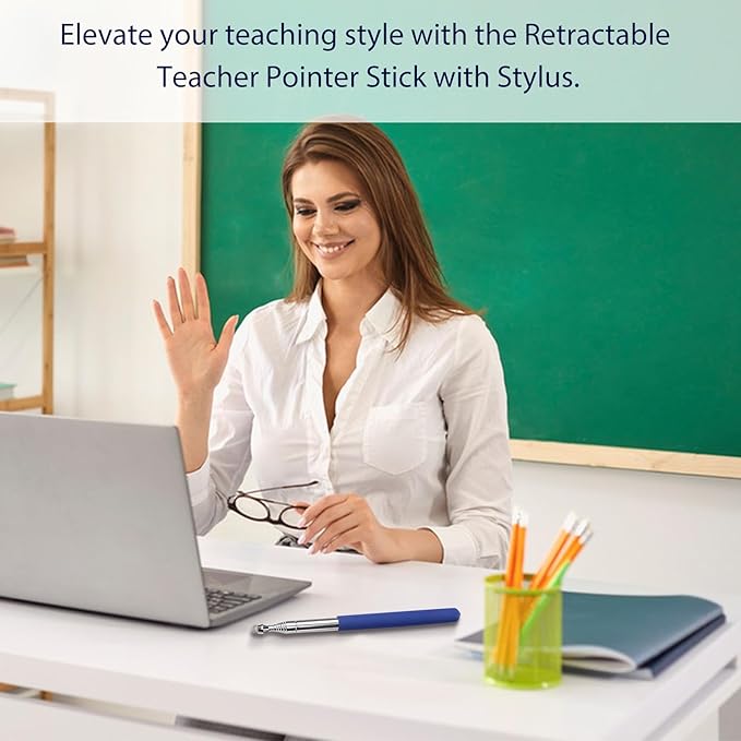 Retractable Teacher Pointer 𝟑𝟗.𝟓'', Pointer Stick with 𝗦𝘁𝘆𝗹𝘂𝘀 Smooth Sensitive Tablet Pen Stylus Pen, Teacher Coach Presenter Pointer Blue