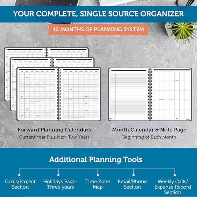 Planner Pad Spiral Bound October 2024 – September 2025 8 1/2" x 11" Large 3-Tier Funnel Down 12 Month Organizer, Black Cover/Black Ink