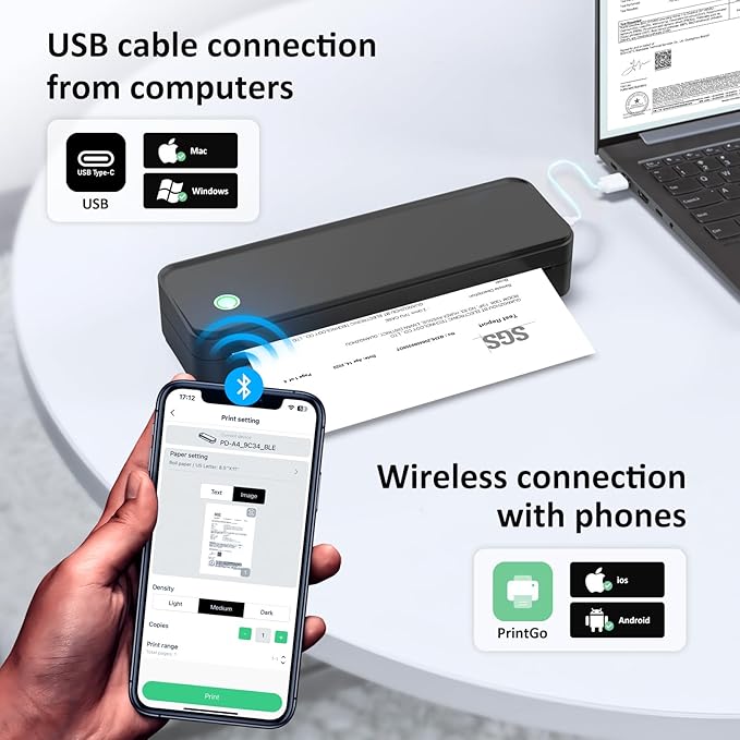 Inkless Portable Printer for Travel, Wireless Thermal Printer Supports 8.5 x 11 Inch US Letter Size, Bluetooth Machine Includes Carry Case and 3 Rolls of Thermal Paper Kit, Black
