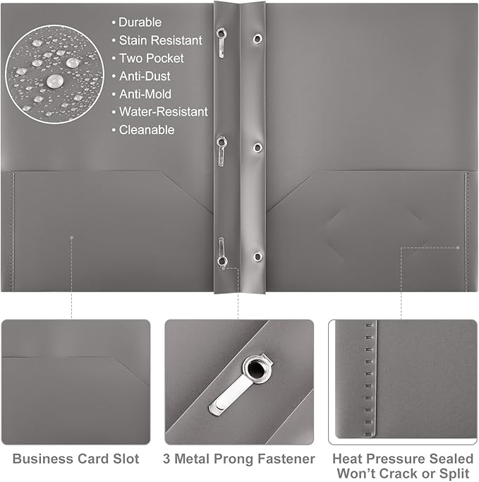Cholemy 6 Pcs Plastic Pocket Folders with Prong 2 Heavy Duty Pockets Folders with 3 Prongs Letter Size Paper Folders Bulk File Plastic Folders with Fasteners for Office Workers (White,Black,Grey)