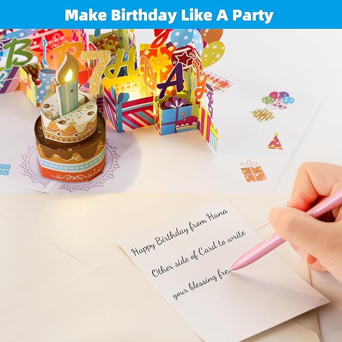 Gumry 7TH Musical Birthday PopUp Card, Blowable Colorful Light Candle 3D Cards with Song, Applause Cheers Sound, Greeting Cards Birthday Gifts Decorations for Daughter Son Turning 7 Years Old