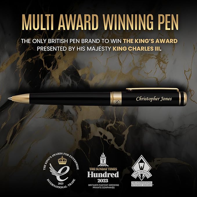 Scriveiner Personalized Black Ballpoint Pen - Stunning Luxury Pen, Jet Black Lacquer, 24K Gold Finish, Schmidt Ink Refill, Best Engraved Ball Point Gift Set for Men & Women, Custom Name Engraving