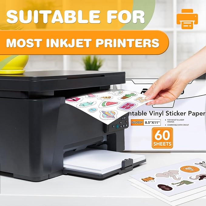 60 PCS Sticker Paper for Inkjet Printer，Printable Vinyl Sticker Paper Dries Quickly Vivid Colors，8.5"x11" Tear Resistant Printable Vinyl，Glossy White,Inkjet & Laser Printer